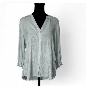 DEMOCRACY Blue Blouse M Button Up with Embroidered Detail 3/4 Sleeves V Neck